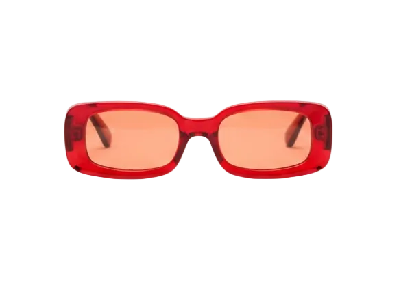 Four pairs of red sunglasses with RED-tinted lenses on a white background