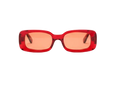 Four pairs of red sunglasses with RED-tinted lenses on a white background