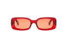Four pairs of red sunglasses with RED-tinted lenses on a white background