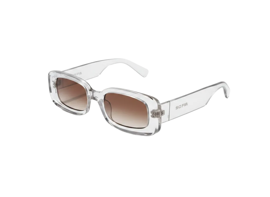 Clear frame sunglasses with brown gradient lenses on a white background