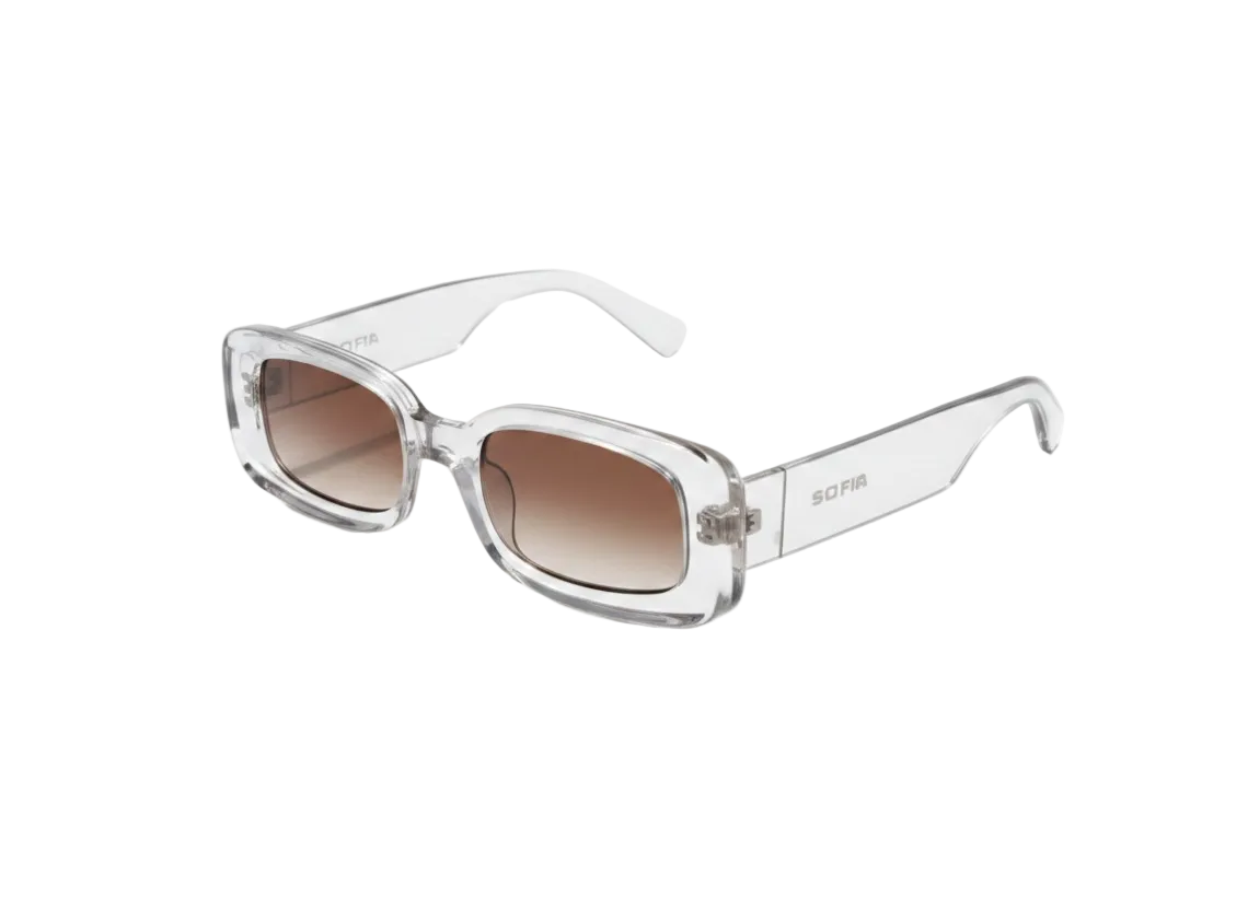 Clear frame sunglasses with brown gradient lenses on a white background